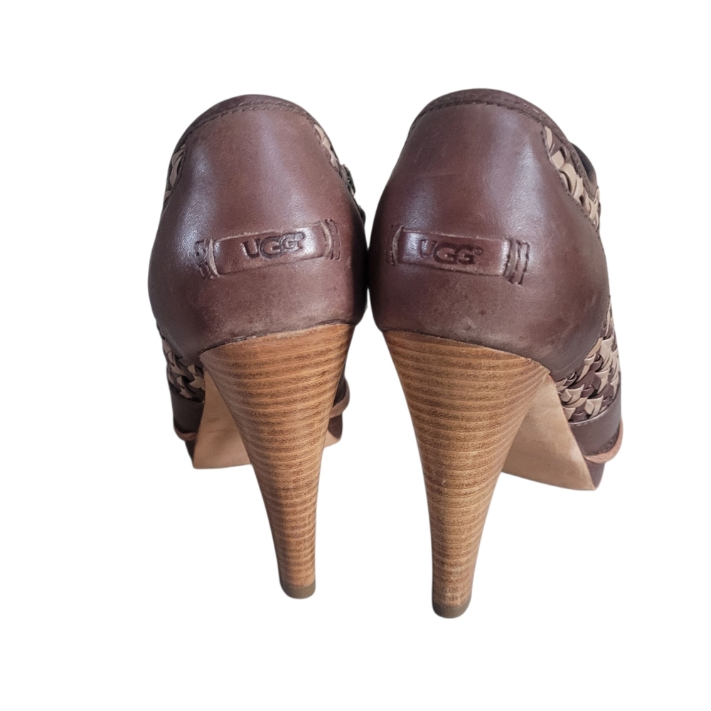 UGG Fatima Brown Woven Leather Heeled Booties Size 7.5 - Picture 4 of 14
